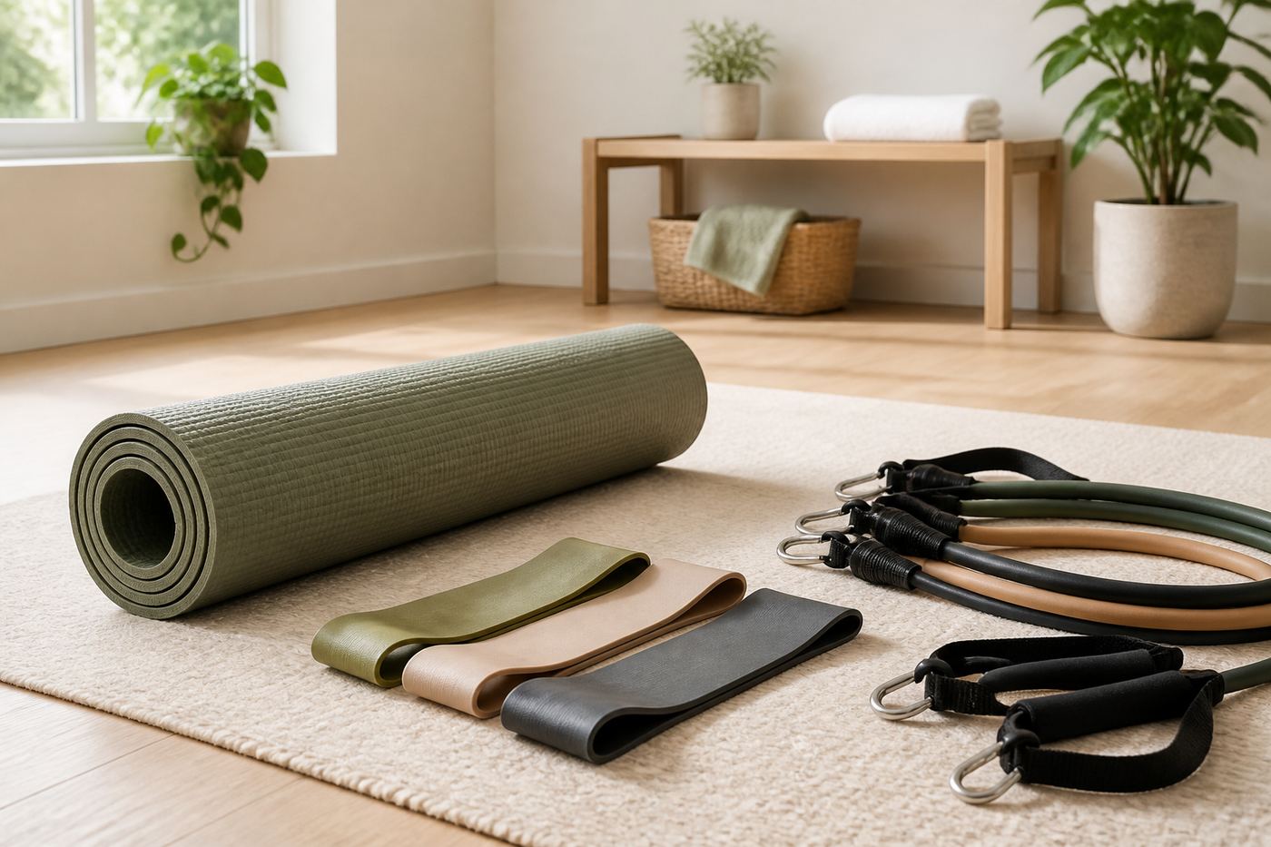 Resistance bands and a yoga mat